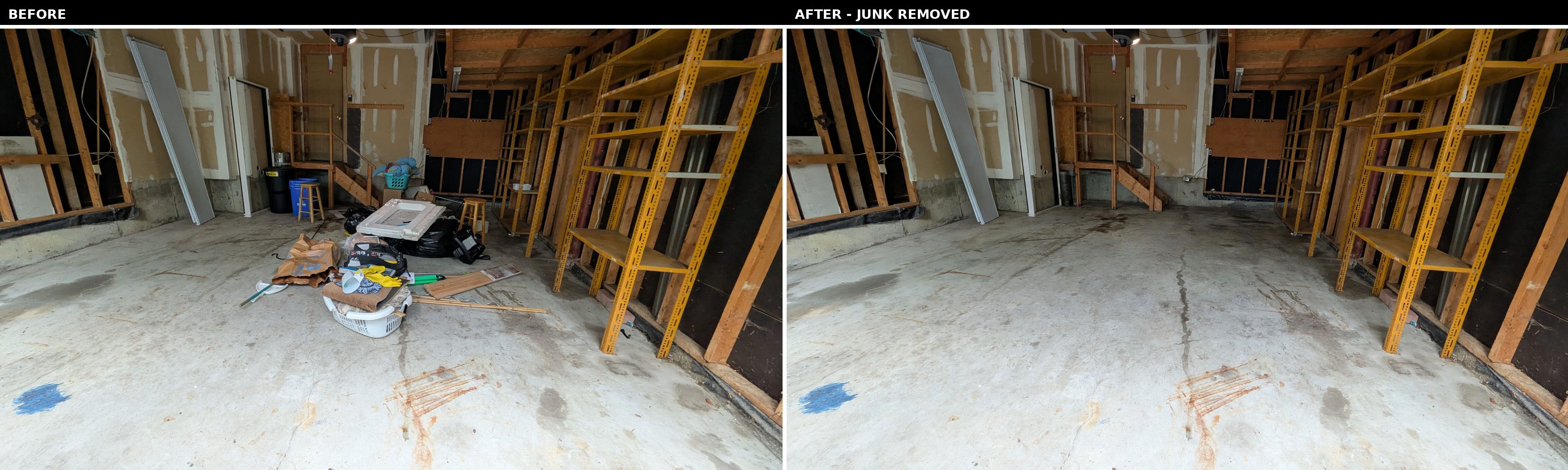 Before and after garage cleanout — debris removed from Scarborough garage